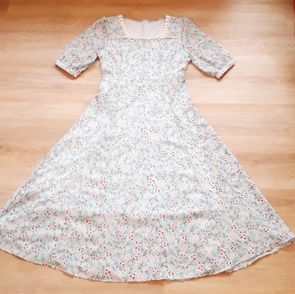 Vintage Blue Floral Print Liberty Dress Sz Small - Puff Sleeves Pearl Trim Dress - Picture 13 of 13